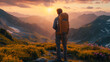 Traveler young man standing in summer mountains at sunset, generative ai