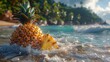 A pineapple is in the water with a beach in the background
