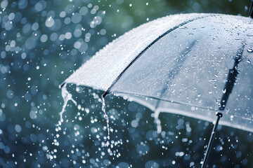 close up, transparent umbrella under rainfall against a background of water droplets splashing. conc