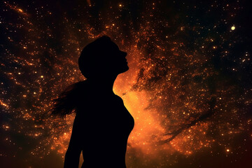 Wall Mural - State of mind concept. Dark woman silhouette in black sky with stars background. Stargazing. Woman black silhouette in colorful cosmos background