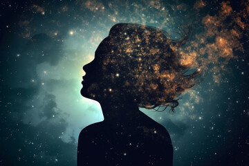 Wall Mural - State of mind concept. Dark woman silhouette in black sky with stars background. Stargazing. Woman black silhouette in colorful cosmos background