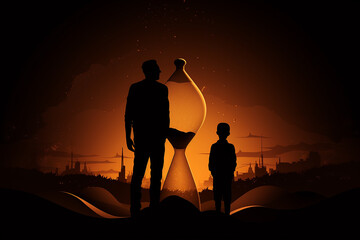 Wall Mural - Abstract concept of time passing by. Father and son dark silhouettes in abstract hourglass surreal background. Turn back time concept. Melancholic mood