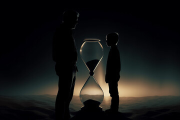 Wall Mural - Abstract concept of time passing by. Father and son dark silhouettes in abstract hourglass surreal background. Turn back time concept. Melancholic mood