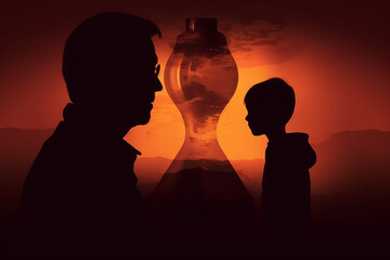 Wall Mural - Abstract concept of time passing by. Father and son dark silhouettes in abstract hourglass surreal background. Turn back time concept. Melancholic mood