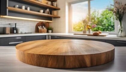 Empty beautiful round wood tabletop counter on interior in clean and bright kitchen background d