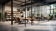 An image of an industrial-style office with concrete floors and glass partition walls.