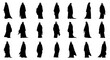 © fusiangkara - set of silhouette of arabic woman. islamic muslim lady standing. arab culture clothes. thobe, thawb kandura ghutra agal.