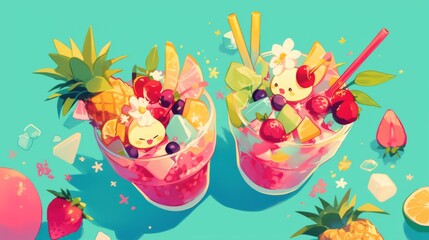 Wall Mural - A couple of glasses filled with fruit and ice cream