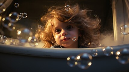 Wall Mural - A happy laughing child is taking a bath playing with foam bubbles. Hygiene and care of young children.