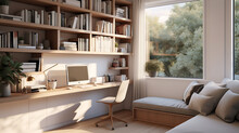A Home Office With A Built-in Window Seat And A Wall Of Floating Shelves.
