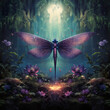dragonfly in a magical forest, lush. Centered, album art.