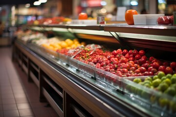 Wall Mural - Blurred bright interior of large open grocery store aisle with shelves and products displayed