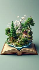 Sticker - Happy World book day. Fantasy and literature concept. 3D style Illustration of magical book with fantasy stories inside it. The concept for World Book Day background with copy space area for text.