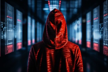 Hacker in hood hacking on computer screen with matrix numbers, technology virus concept