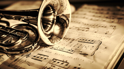closeup of a french horn over music sheets. classical music concept.