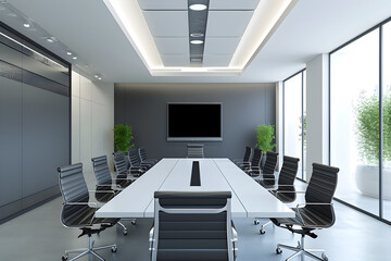 Modern empty conference room with large conference table and large screen TV on the wall. A workplace that is simply designed