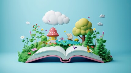 Wall Mural - Fantasy and literature concept. 3D style Illustration of magical book with fantasy stories inside it. The concept for World Book Day background with copy space area for text. Happy World book day. 