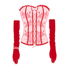 Red Underwear. A Fateful Passionate Corset With Long Gloves. Womens Clothing. Vector Illustration. Isolated On A White Background.