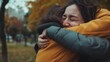 Reunited and it feels so good: heartfelt hug between two friends in an autumnal park, a moment of joy and comfort in the fall season.
