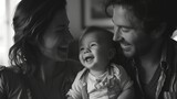 Fototapeta Przestrzenne - Joyful young family enjoying home life, candid black and white portrait of parents with laughing toddler, indoor bonding moment