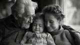 Fototapeta Przestrzenne - Generational family love, tender moment with grandparents and grandchild in a black and white home setting, cherishing togetherness