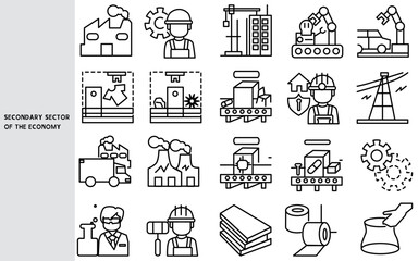 Secondary sector of the economy , Intermediate production, textile, automobile, and handicrafts, ,Set of line icons for business ,Outline symbol collection.,Vector illustration. Editable stroke