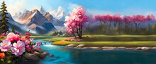 Spring Landscape With Flowers Generative Ai