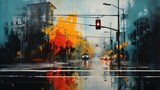 Fototapeta Big Ben - minimalist rain sky composition, captivated by the intense and dynamic colors of traffic lights, portraying the energetic and urban nature of rainfall