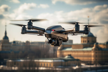 Wall Mural - Unmanned military drone flies in the sky over large city