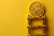 Bitcoin on top of a golden ladder. Cryptocurrency bull run and halving event concept. Yellow color background with copy space