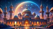 Mosque At Night With Moon And Clouds, Ramadan Kareem Background