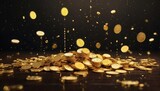Fototapeta  - photo of rain and piles of sparkling gold coins made by AI generative
