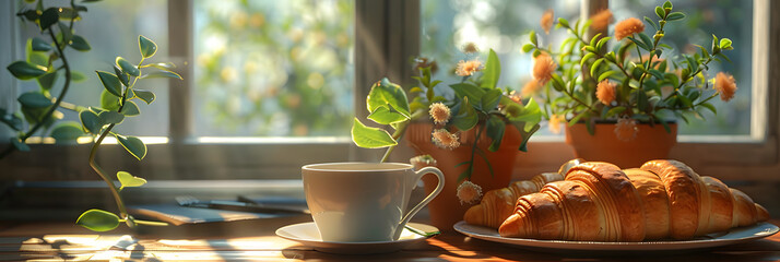 Two croissants, a cup of coffee, two plants in pots on the windowsill. 