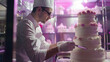 Portrait of confectioner decorating cake. Restaurant chefs decorating a cake. Wearing a traditional chef's uniform.