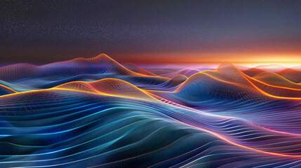 Sticker - The image depicts a digital wireframe landscape with undulating hills, illuminated with neon lights against a night sky sprinkled with stars and a warm horizon.Background concept.AI generated.