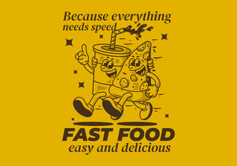 Canvas Print - Fast food, easy and delicious. Character illustration of running pizza and soft drink