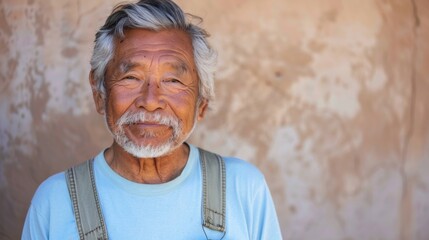 Wall Mural - A smiling elderly man with white hair and a beard wearing a blue shirt and suspenders standing against a textured wall.