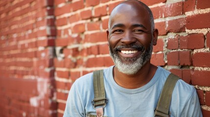 Wall Mural - Smiling man with gray beard and mustache wearing blue t-shirt and suspenders leaning against red brick wall with a warm inviting smile.
