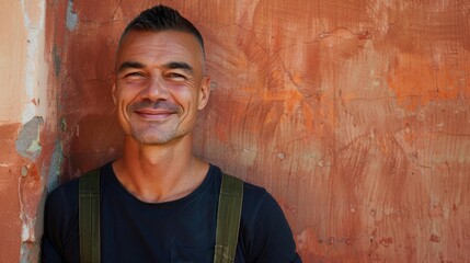 Poster - Smiling man with short hair and beard wearing dark shirt with suspenders standing in front of textured orange wall.