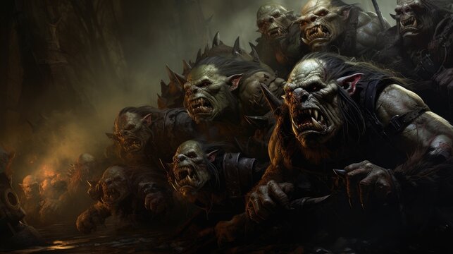 Orcs and goblins armed to the teeth gather under the banner of their dark lord readying for a siege on the lands of men their snarls echoing through the night