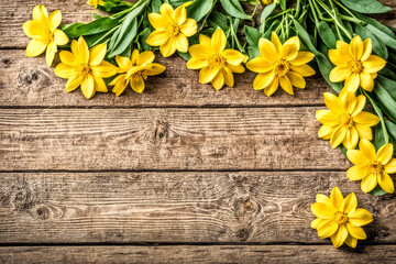 bouquet of yellow tulips on a wooden background