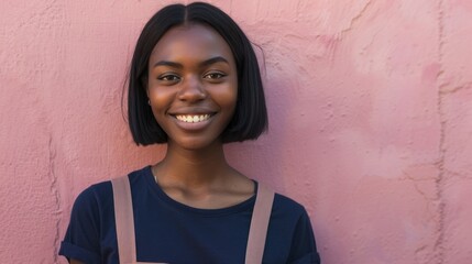 Poster - A young woman with a short bob haircut smiling at the camera wearing a dark blue t-shirt with light brown straps standing against a pink textured wall.