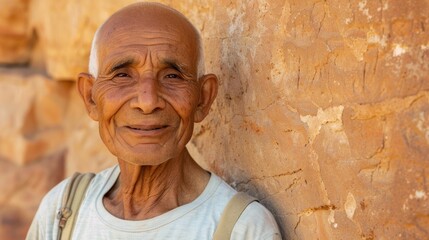 Wall Mural - An elderly man with a bald head and white beard wearing a white shirt smiling and leaning against a textured stone wall.