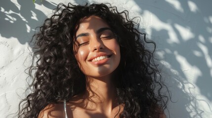 Wall Mural - A woman with curly hair smiling and looking away from the camera with sunlight casting shadows on her face.