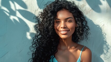 Poster - A smiling woman with long curly black hair wearing a light blue top standing against a textured blue wall with sunlight casting shadows.