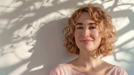 Wall Mural - A woman with curly hair smiling against a wall with tree branch shadows.