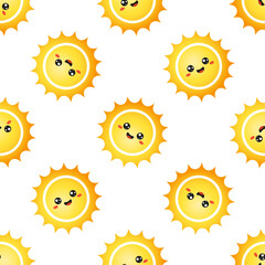 Wall Mural - Yellow kawaii sun with smiling face on white background. Vector seamless pattern. Best for textile, print, wrapping paper, package and your design.