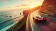 A red sports car drives rapidly along a coastal road, capturing the essence of freedom and speed against a sunset backdrop.