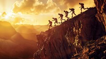 A dynamic group of hikers ascends a steep cliff, silhouetted against the golden light of the setting sun, symbolizing teamwork and adventure.
