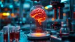 Neural artificial intelligence brain in factory lab for futuristic research, technology innovation and machine learning network 